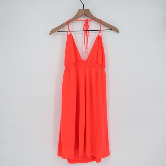 Neon Coral Halter Neck Smocked Waist Mini Dress L - Picture 2 of 5